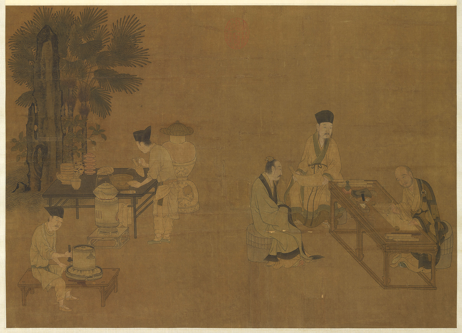 A detail of the Southern Song dynasty painting “Grinding Tea” by Liu Songnian, showing practitioners preparing tea. From Taipei Palace Museum