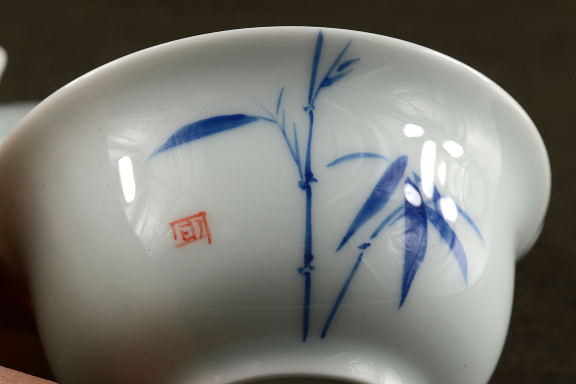 Kék tussal festett táj porcelán, kézzel festett gaiwan csésze