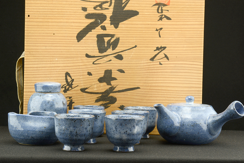 kék shino japán teáskészlet