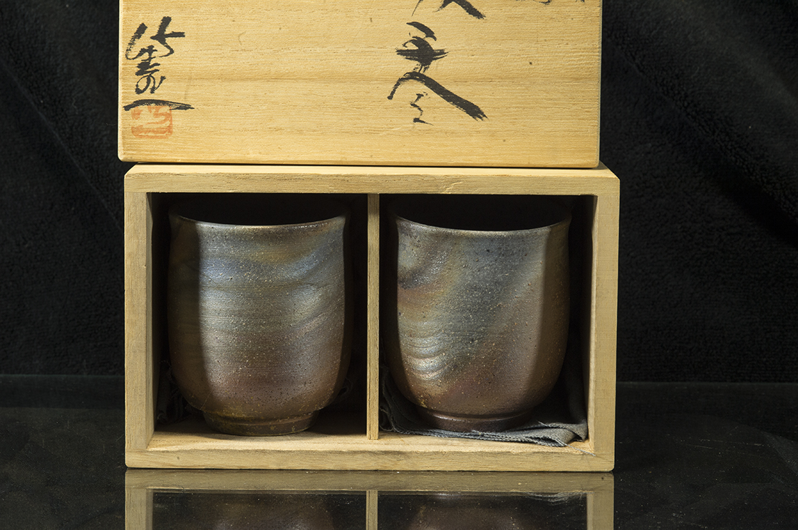 Bizen yunomi teáscsésze pár fatüzes japán mázatlan kerámia