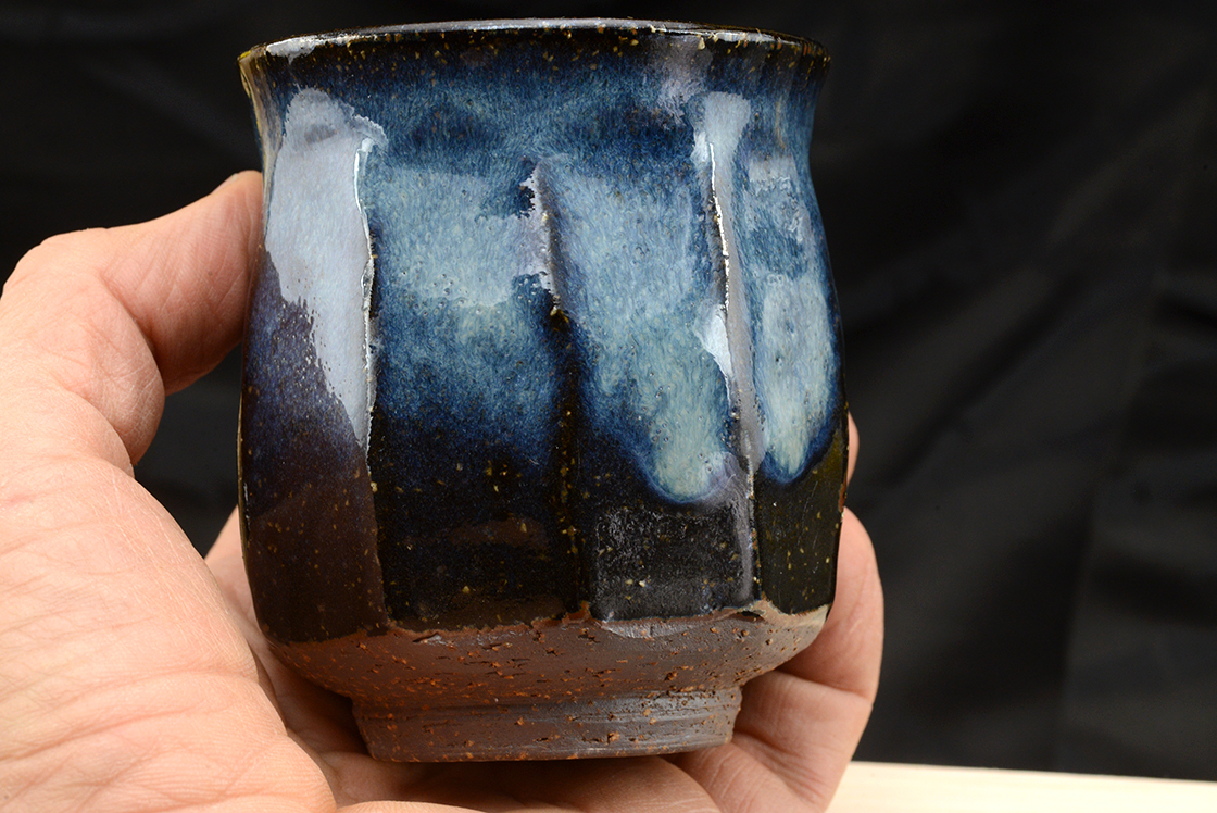 yamane seigan octagonal blue hagi japanese yunomi tea cup pair