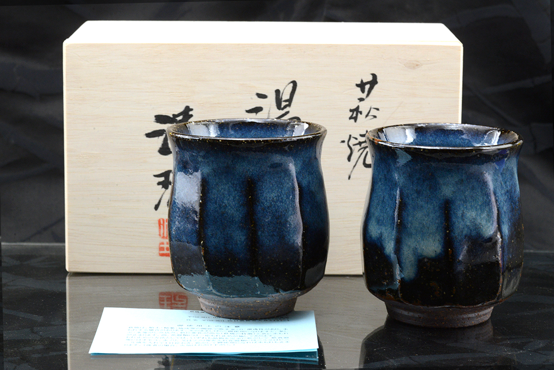 yamane seigan octagonal blue hagi japanese yunomi tea cup pair