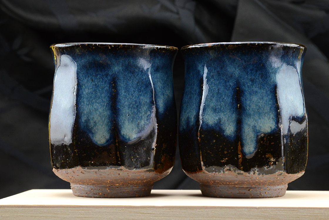 yamane seigan octagonal blue hagi japanese yunomi tea cup pair